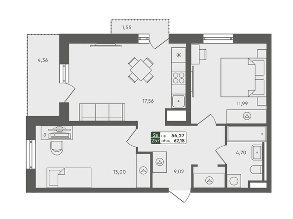 Планировка 2-комн 62,18 м²