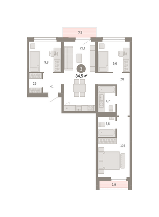 Планировка 3-комн 84,54 м²