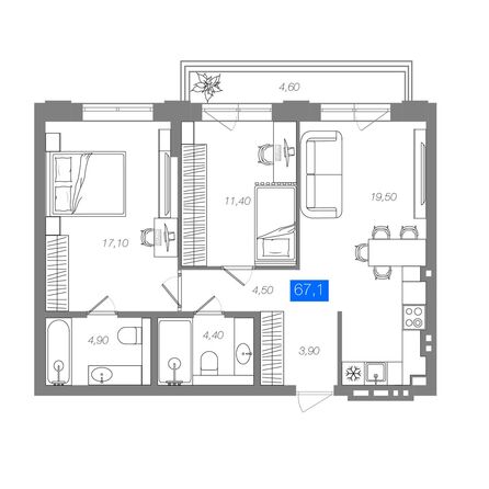 Планировка 2-комн 67,1 м²