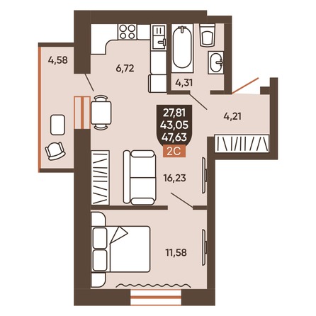 Планировка 2-комн 45,14 - 45,34 м²