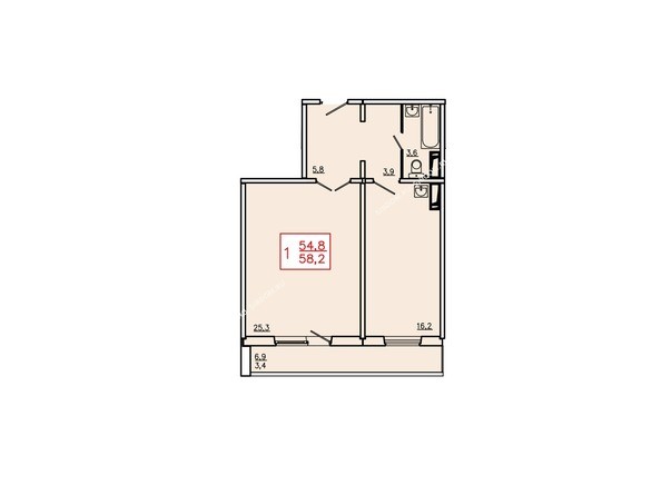 Планировка однокомнатной квартиры 58,2 кв.м. Этаж 1