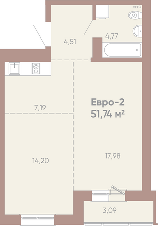 Планировка 1-комн 51,74 м²