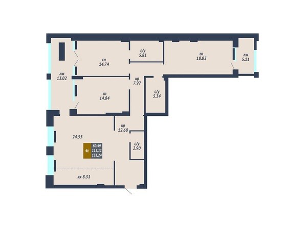 Планировка 4-комнатной квартиры 115,11 кв.м
