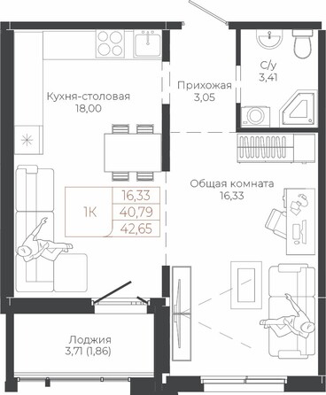 Планировка 1-комн 42,65 м²