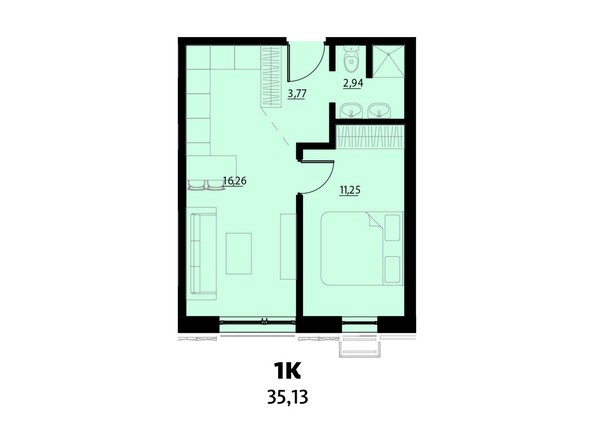 Планировка 1-комнатной 35,13 кв.м