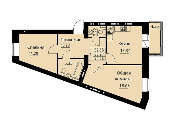 Планировка двухкомнатной квартиры 70,24 кв.м