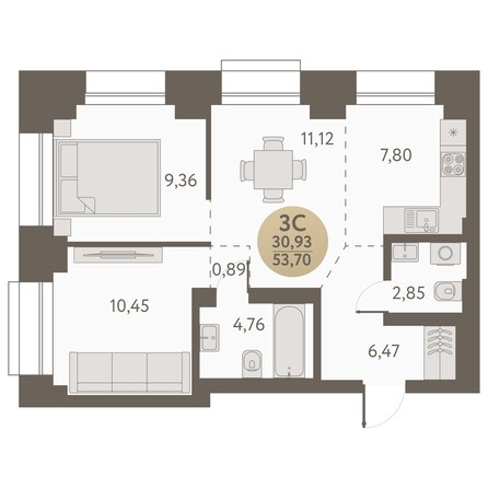 Планировка 3-комн 53,7 м²