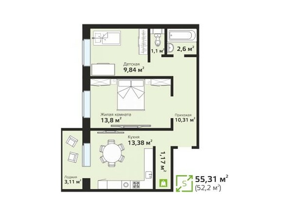 Планировка двухкомнатной квартиры 55,31 кв.м