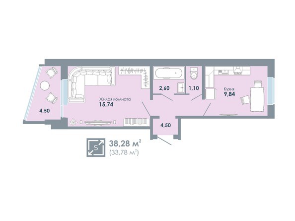 Планировка 1-комнатной квартиры 38,28 кв.м