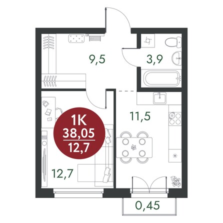 Планировка 1-комн 38,05 м²