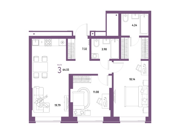 Планировка 3-комн 64,55 м²