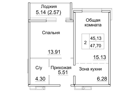 Планировка 2-комн 45,16, 47,7 м²