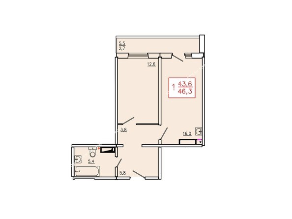 Планировка однокомнатной квартиры 46,3 кв.м