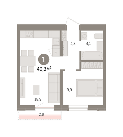 Планировка 1-комн 40,27 м²