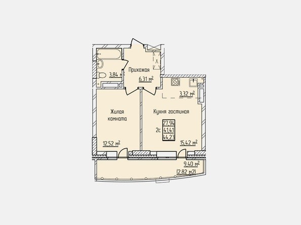 Планировка двухкомнатной квартиры 44,23 кв.м