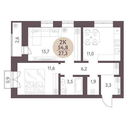 Планировка 2-комн 54,8 м²