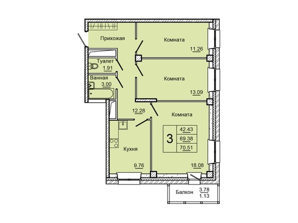 Планировка трехкомнатной квартиры 70,51 кв.м