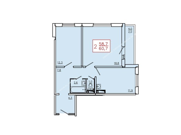Планировка двухкомнатной квартиры 60,7 кв.м. Этажи 10-16