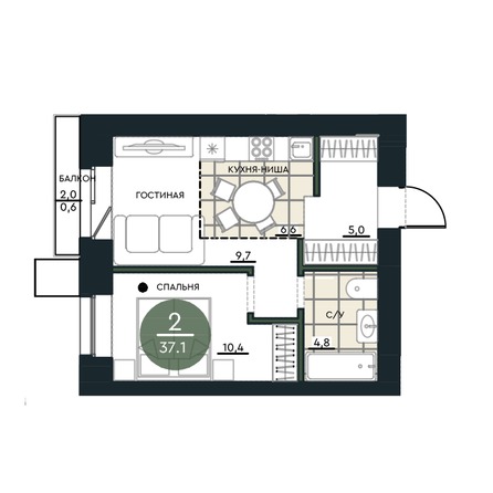 Планировка 2-комн 37,1 м²