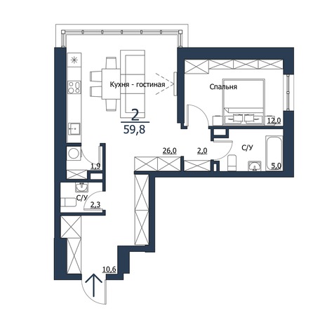 Планировка 2-комн 59,8 - 60,1 м²