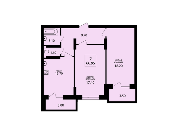 Планировка двухкомнатной квартиры 66,95 кв.м