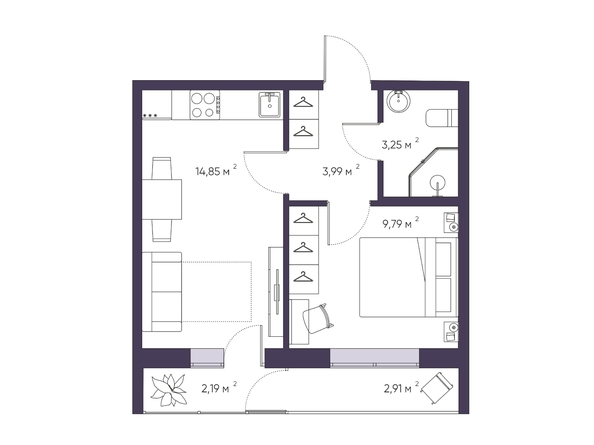 Планировка 1-комн 34,57 м²