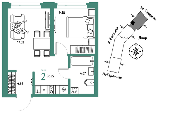 Планировка 2-комн 36,22 м²