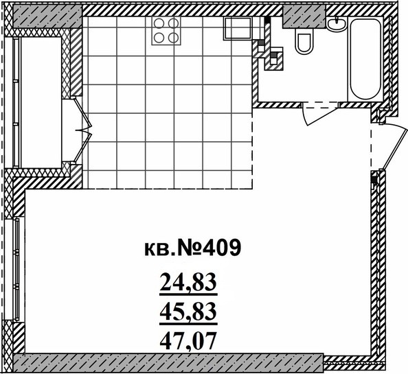 Планировка 1-комн 47,07, 47,43 м²