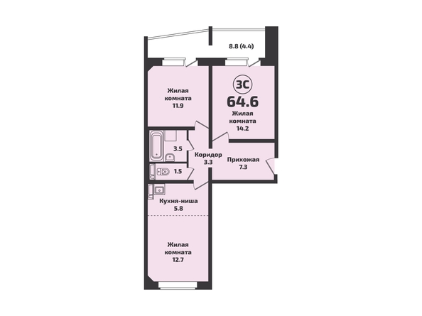 Планировка 3-комн 64,6 м²