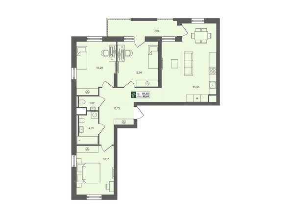 Планировка 3-комн 88,69 м²