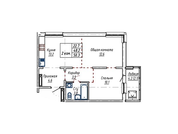 Планировка двухкомнатной квартиры 50,3 кв.м