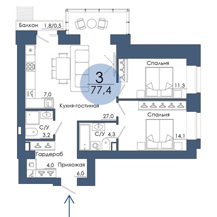 Планировка 3-комн 77,4 м²