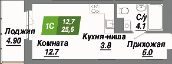 Планировка 1-комн 25,6 м²