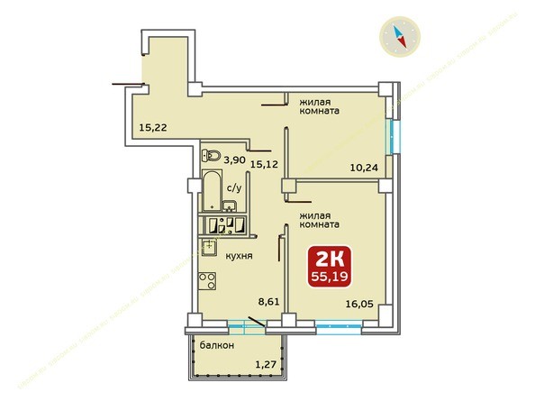 Планировка двухкомнатной квартиры 55,19 кв.м