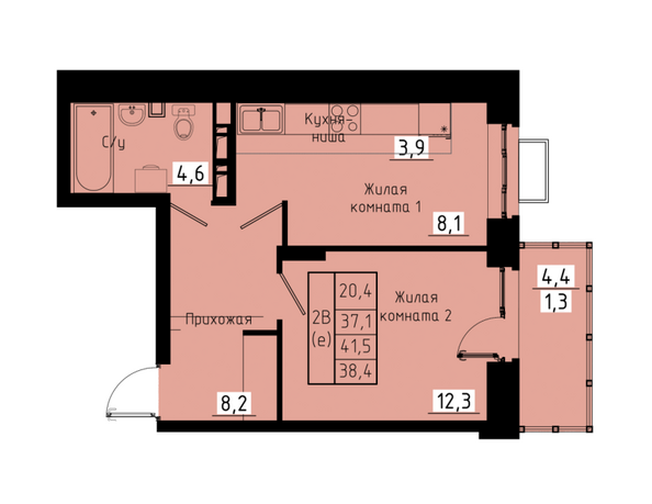 Планировка 2-комн 38,4 м²