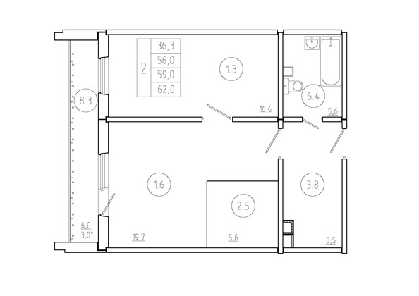 Планировка 2-комн 59 м²