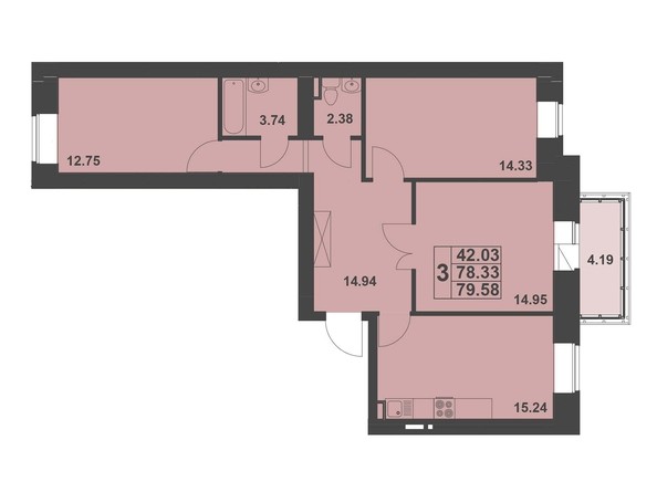 Планировка трехкомнатной квартиры 79,6 кв.м