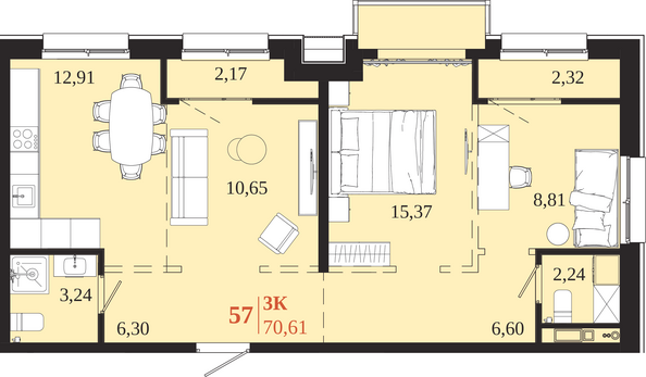 Планировка 3-комн 70,61 м²