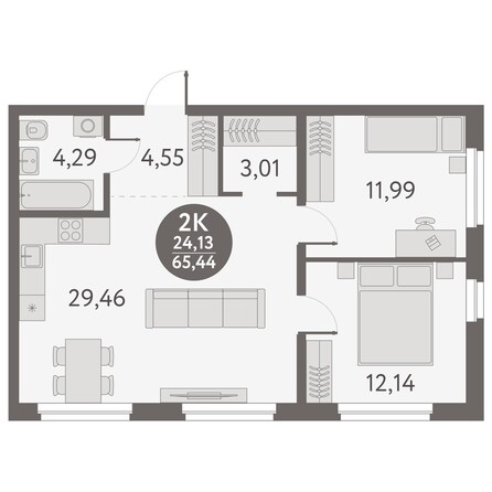 Планировка 2-комн 65,44 м²