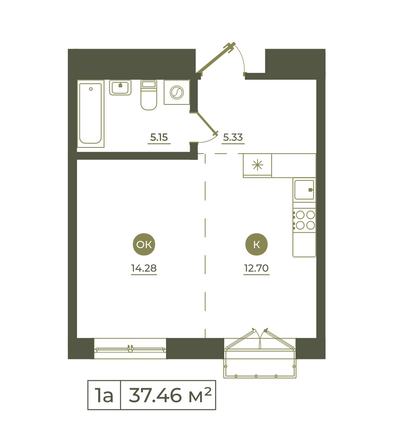 Планировка 1-комн 37,46 м²