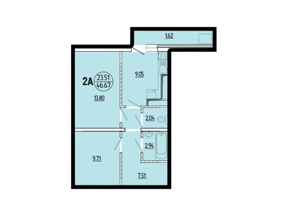 Планировка двухкомнатной квартиры 46,67 кв.м
