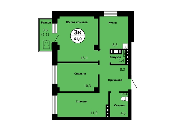 Планировка 3-комн 61 - 62,3 м²