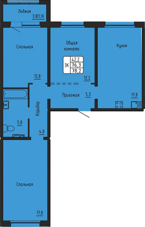 Планировка 3-комн 78,4 м²
