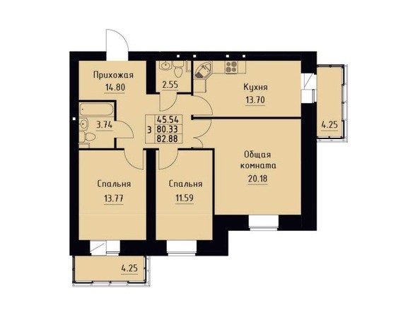 Планировка трехкомнатной квартиры 82,88 кв.м