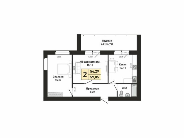 Планировка двухкомнатной квартиры 54,29 кв.м