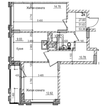 Планировка 2-комн 51,6 м²