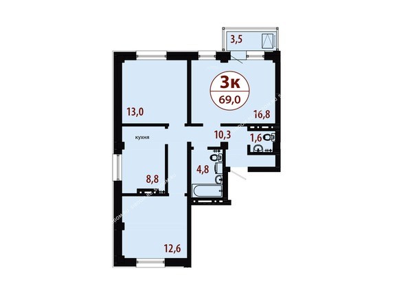 Секция 1. Планировка трехкомнатной квартиры 69,0 кв.м