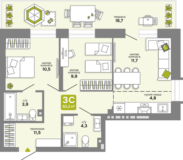 Планировка 3-комн 62,2 м²