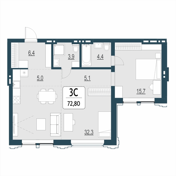 Планировка 3-комн 72,8 м²