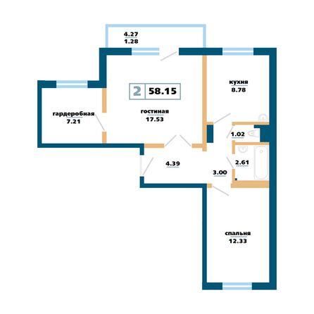Планировка 2-комн 58,15 м²
